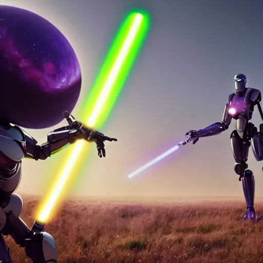 Image similar to humanoid robot in fighting stance wielding lightsaber in front of a violet planet in the sky, unreal engine, featured on cgsociety, trending on artstation, detailed, scifi futuristic character concept, simon stalenhag, movie still, octane render, hubble telescope, violet planet, stars, hyperrealistic, cinematic, by weta digital, epic action pose