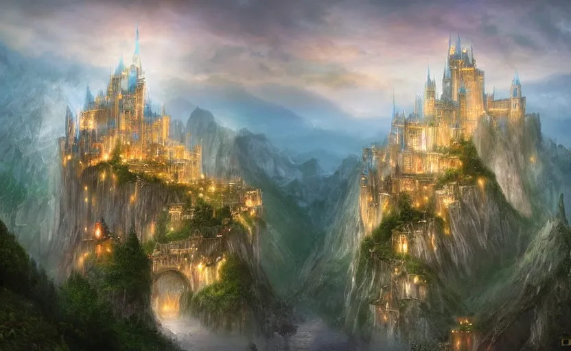 Image similar to beautiful secret city of the elves gondolin on top of a mountain, magical gloomy mystical. by konstantin razumov, fractal flame, chiaroscuro, highly detailded