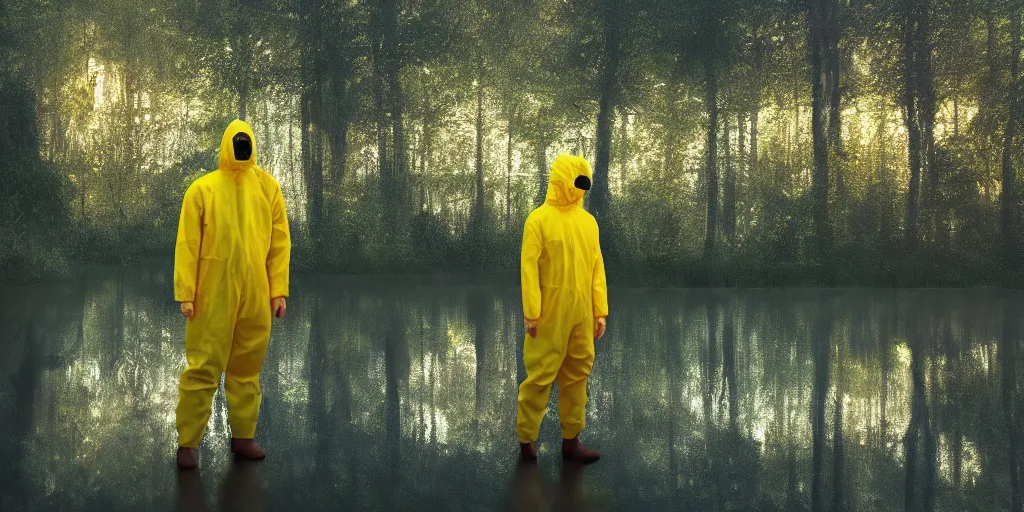 Image similar to a mysterious man in a yellow hazmat suit stands in a small lake with reflections in a detailed forest, painting, concept - art, rendering, octane, redshift, cinematic composition, volumetric lighting