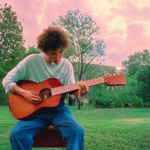 Image similar to 1 9 9 0 s candid 3 5 mm photo of a man sitting on a bench in a park playing guitar, cinematic lighting, cinematic look, golden hour, the clouds are epic and colorful with cinematic rays of light, photographed by petra collins, uhd