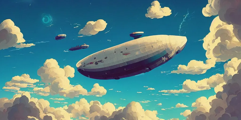 Prompt: clouds in the sky, airship, digital art, blue sky vivid colors, artgerm, james gilleard, beautiful, highly detailed, intricate, trending on art station