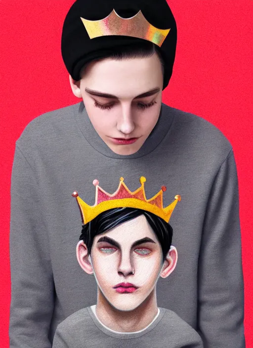 Image similar to portrait of teenage jughead jones wearing a light grey crown, photorealistic, crown, sweater with letter s on it, hamburger, eyes closed, crown, black hair, intricate, elegant, glowing lights, highly detailed, digital painting, artstation, concept art, smooth, sharp focus, illustration, art by wlop, mars ravelo and greg rutkowski