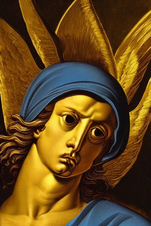 Prompt: archangel Michael, agony face, closeup, ultra detailed, made in gold, Guido Reni style