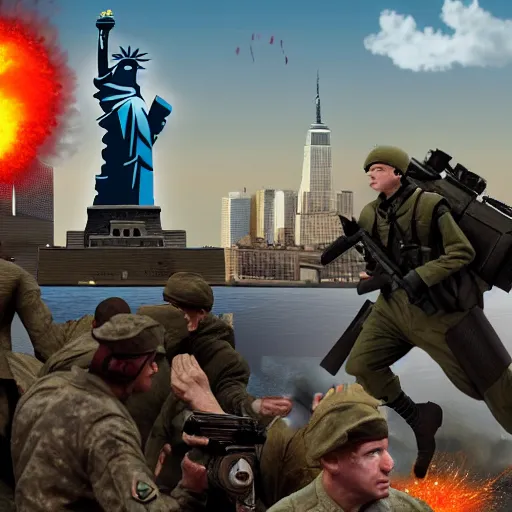 Image similar to The war between the Soviet Union and America, the action takes place in New York, far away against the background of the Statue of Liberty, a lot of soldiers and military equipment, a lot of explosions and tracer bullets, a lot of ruins, a very epic battle, Super quality, HD, super detailed details, Retro futurism art