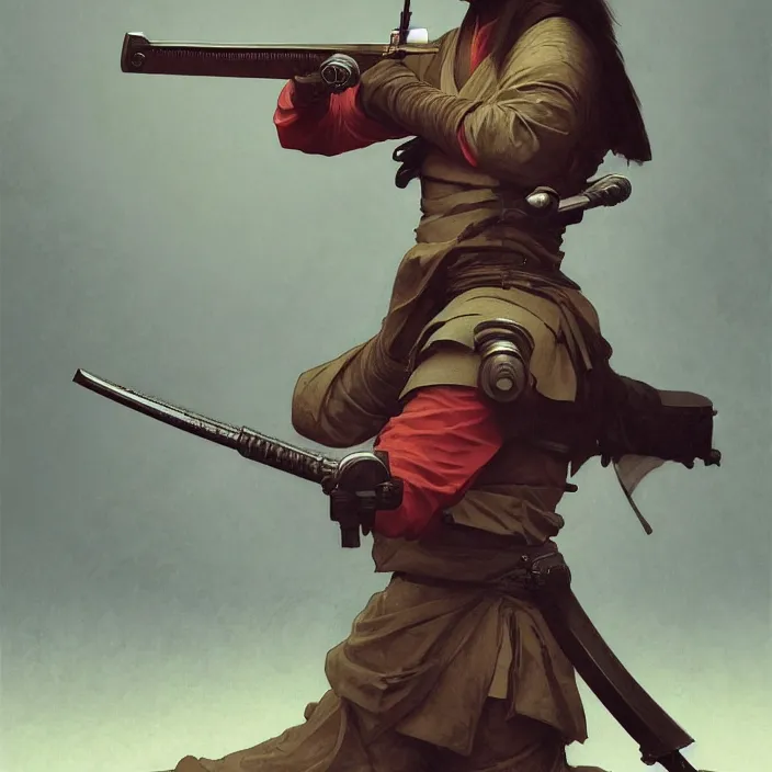 Image similar to a samurai holding a machine gun, au naturel, intricate, hyper realise, digital art, artstation, concept art, smooth render, sharp focus, ian sprigger, artgerm, greg rutkowski, alphonse mucha, william adolphe bouguereau