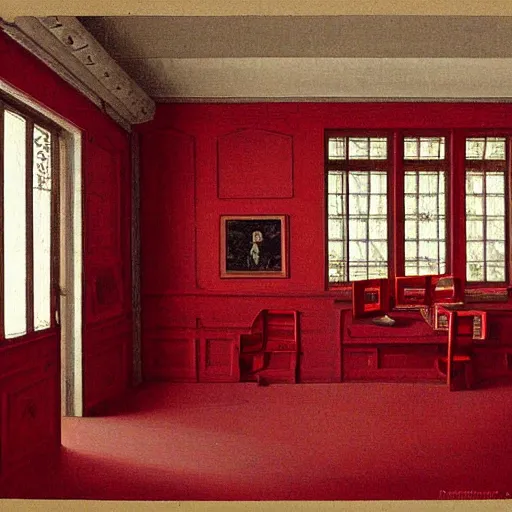 Prompt: maurits cornelis escher, red room height detailed