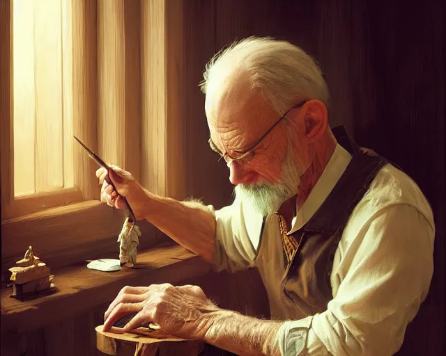 Prompt: a tired old man painting a wooden doll, deep focus, d & d, fantasy, intricate, elegant, highly detailed, digital painting, artstation, concept art, matte, sharp focus, illustration, hearthstone, art by artgerm and greg rutkowski and alphonse mucha