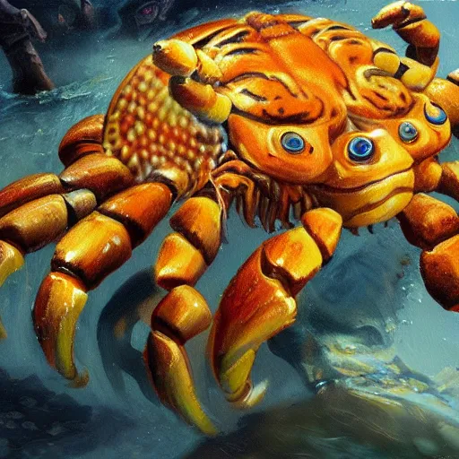 Prompt: tiger - crab creature, oil painting by justin gerard