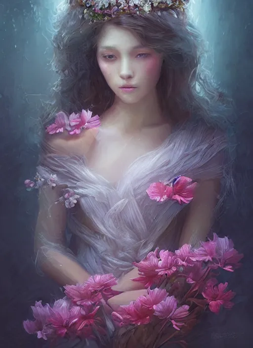 Prompt: a gorgeous flower princess portrait by WLOP, digital painting, beautiful lighting, mystical, detailed flowers, 🌺 cgsociety