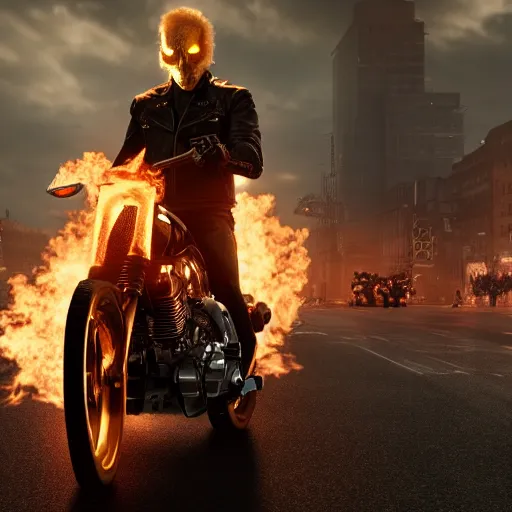 Image similar to ghost rider stands on the street in a crowd of people, nervous face, 4 k, detailed, highly detailed, cinematic, octane render, front light