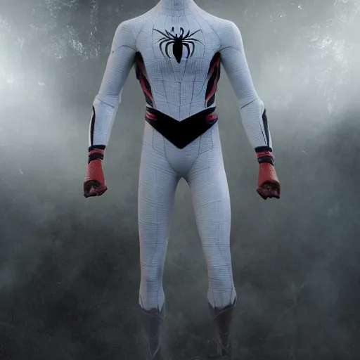 Image similar to white spider - man suit with black web lining, cinematic, volumetric lighting, realistic, hyperdetailed, photorealistic, photograph