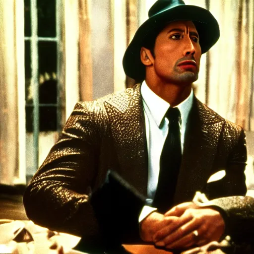 Prompt: Still of Dwayne Johnson from the GodFather (1980), 8k photography