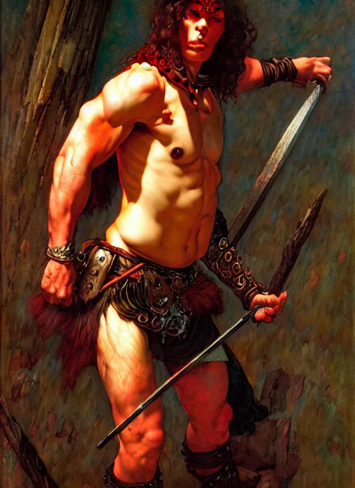 Image similar to barbarian, full body, dnd character art portrait, dramatic lighting, vivid colors by edgar maxence and caravaggio and michael whelan.