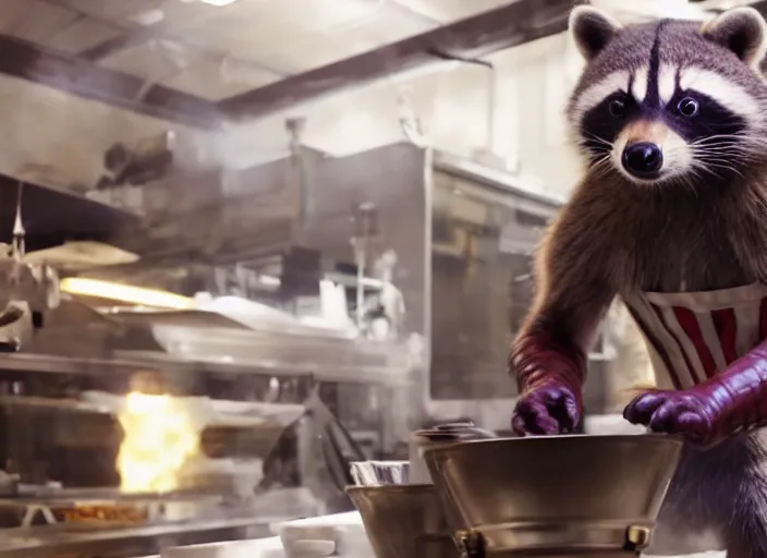 Image similar to film still of Rocket Racoon working as a chocolatier in the new Avengers movie, 4k