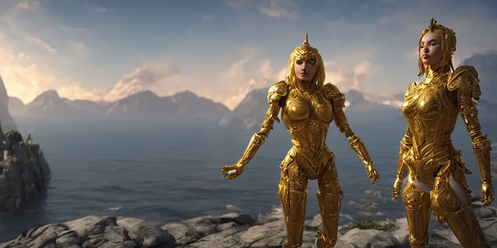 Prompt: a photo of 8 k ultra realistic golden humanoid princess standing next to a beautiful view, ornate white and gold armour, cinematic lighting, trending on artstation, 4 k, hyperrealistic, focused, extreme details, unreal engine 5, cinematic, masterpiece