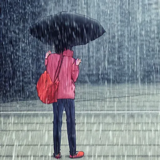 Prompt: chihiro ogino standing at a bus stop while it's raining, cinematic, realistic, anime scenery by hayao miyazaki.