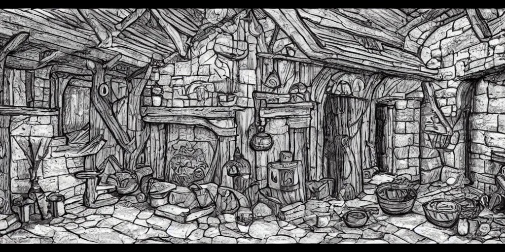 Image similar to medieval cottage interior, fantasy hand - drawn animation