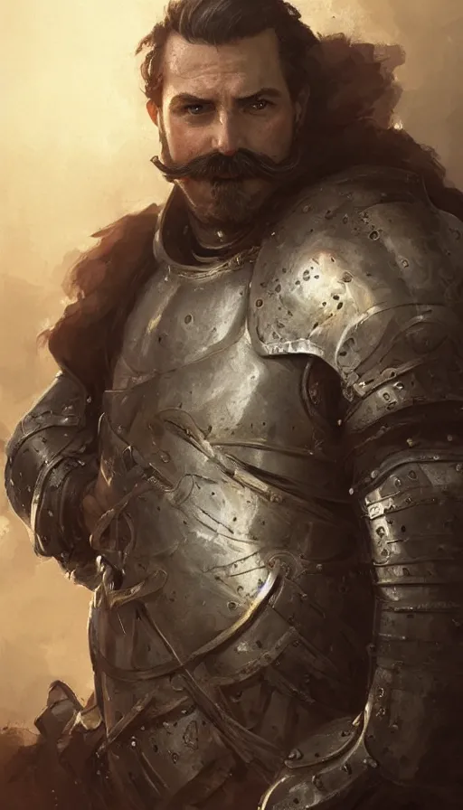 Prompt: Portrait of a middle aged knight with a large moustache, male, detailed face, fantasy, highly detailed, cinematic lighting, digital art painting by greg rutkowski