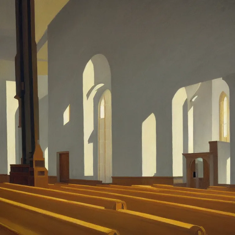 Prompt: empty church interior, painted by Edward Hopper, painted by James Gilleard, airbrush