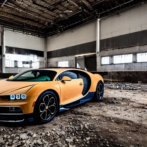 Image similar to an abandoned, derelict, rusty bugatti chiron in a dirty warehouse