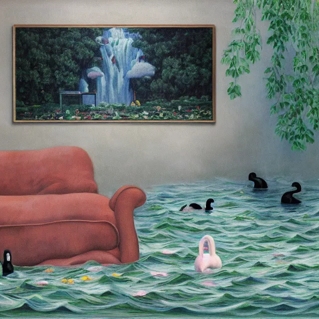 Image similar to painting of flood waters inside an apartment, emo catgirl art student, a river flooding inside, taps with running water, tangelos, zen, pigs, ikebana, water, river, rapids, waterfall, black swans, canoe, pomegranate, berries dripping, acrylic on canvas, surrealist, by magritte and monet