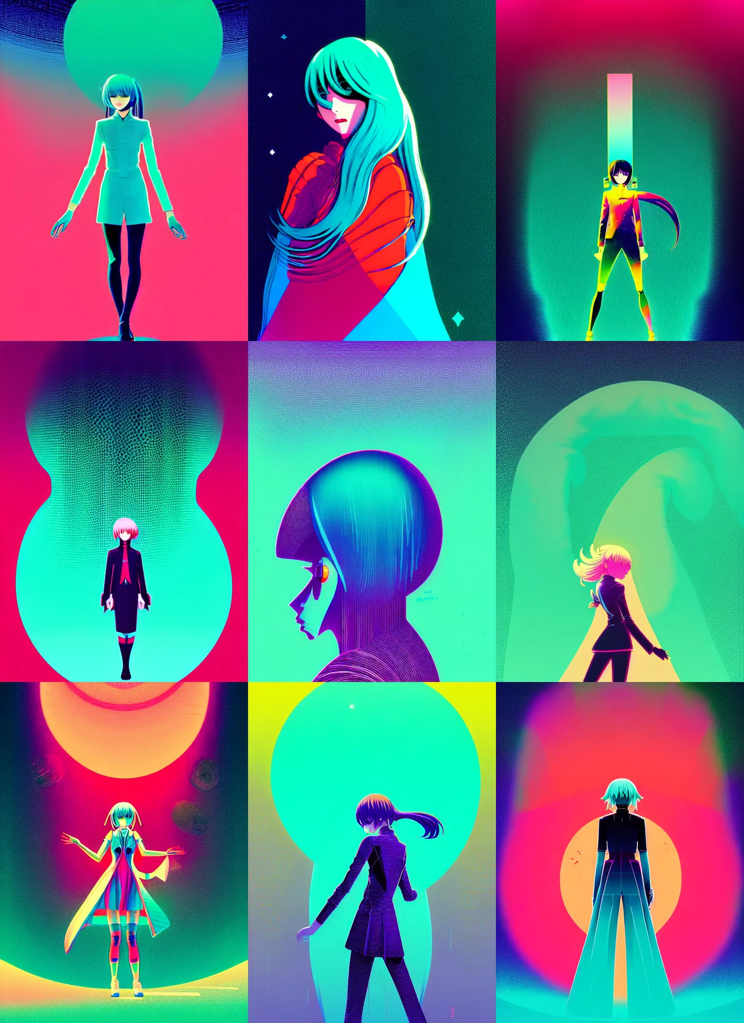 Prompt: ( ( dither ) ), editorial illustration of hatsune miku, dynamic pose, modern art deco, colorful, ( ( mads berg ) ), christopher balaskas, victo ngai, rich grainy texture, detailed, dynamic composition, wide angle, moebius, matte print, risograph, ( ( space nebula background ), volumetric