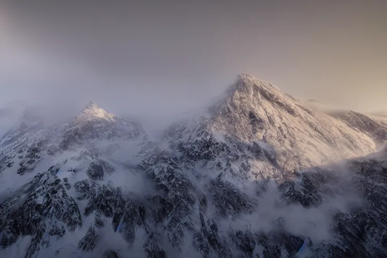 Image similar to taking from above, snowcapped mountain with lots of fog, high detail, photorealistic, good lighting, unbelievable.