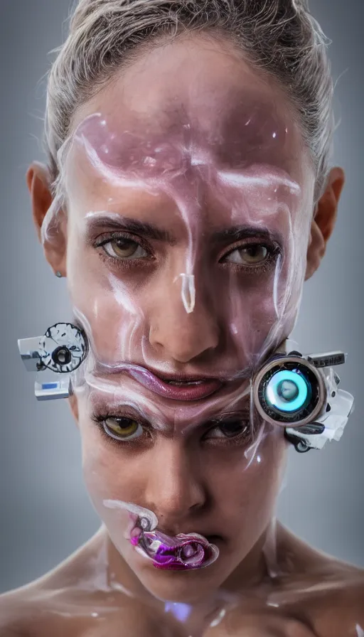 Image similar to FujiFilm X-T3 + XF50-140mm f/1.4 photograph of Arca (Alejandra Ghersi) emerging from fog, Arca mechanical limbs, Arca opal flesh, Arca face portrait, translucent skin, mechanical dilation