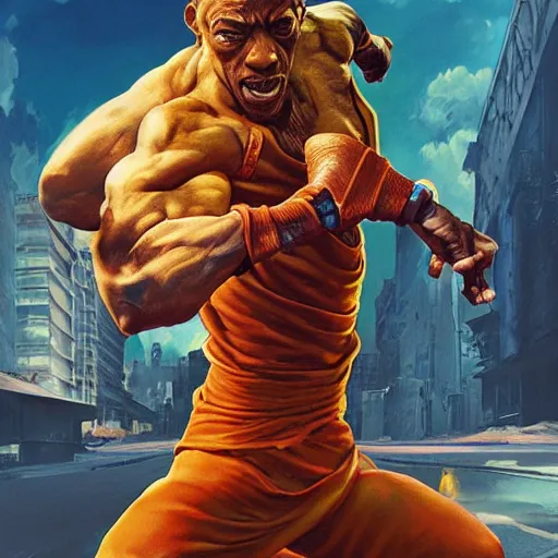 Image similar to giancarlo esposito as dhalsim street fighter, jump kick, 4 k, ultra realistic, detailed focused art by artgerm and greg rutkowski and alphonse mucha