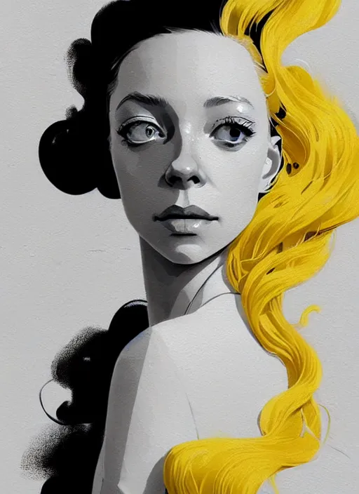 Image similar to highly detailed closeup portrait of beautiful portia doubleday, blonde wavy hair, angela moss, white suit by atey ghailan, by greg rutkowski, by greg tocchini, by james gilleard, by joe fenton, by kaethe butcher, gradient yellow, black and white color scheme, grunge aesthetic!!! ( ( graffiti tag wall background ) )