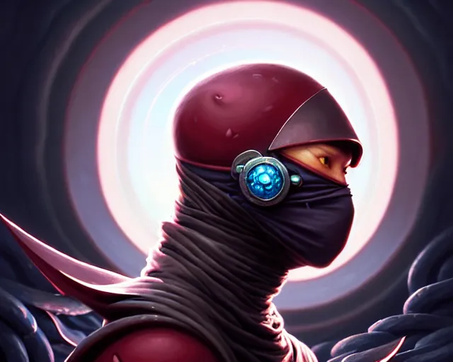 Image similar to a headshot of a ninja wearing a cowl!!!!, offset in the frame, background of fractals and mandalas and cherry blossoms and hadron collider technology and metal gears and swirling bioluminescent energy, art by peter mohrbacher and dan mumford, 8 k octane render, hyperrealistic, zbrush, cinema 4 d