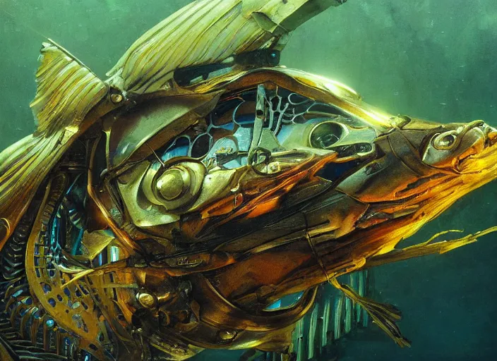 Image similar to macro closeup robotic pike fish, glowing veins, subsurface scattering, underwater, boston dynamics, by gerald brom, by mikhail vrubel, by peter elson, muted colors, extreme detail, trending on artstation, 8 k