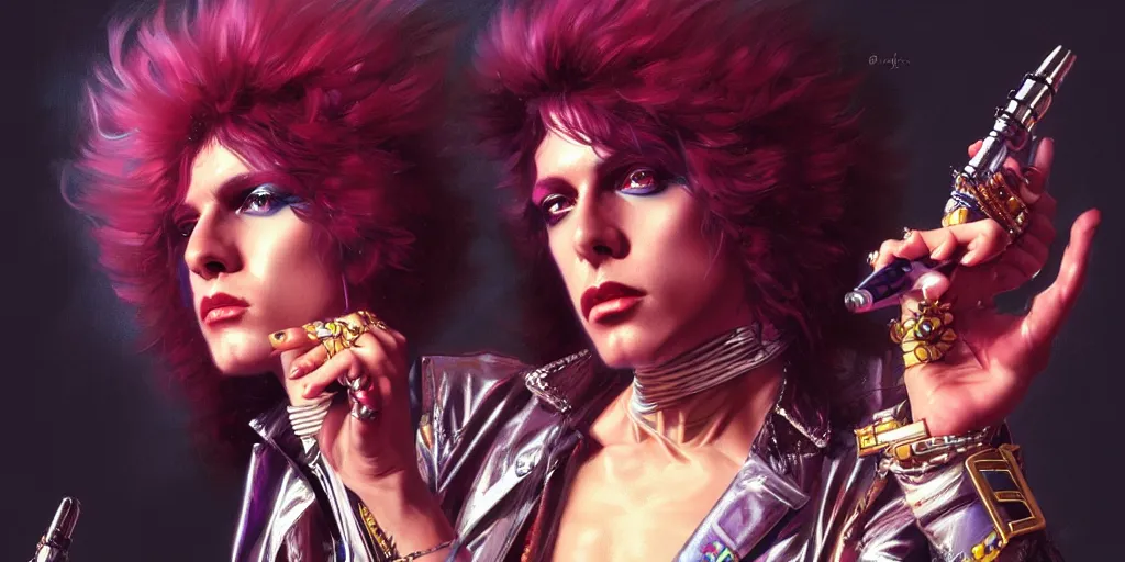 Prompt: a 1 9 8 0 s glam rock star on stage, highly detailed, digital painting, artstation, concept art, matte, sharp focus, illustration, art by artgerm and greg rutkowski and alphonse mucha
