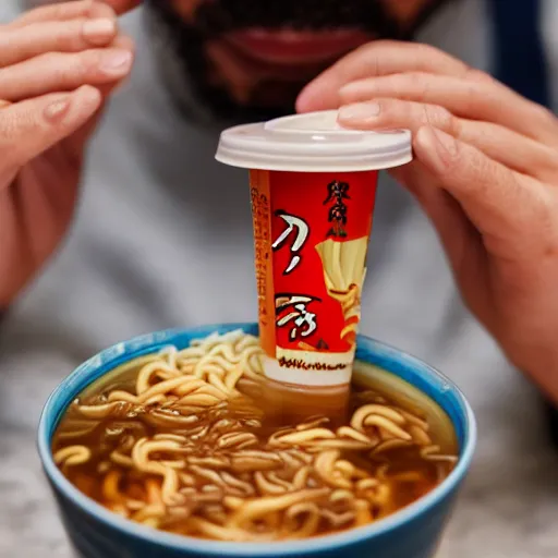 Image similar to a close up picture of a man eating shin ramyun from a cup high detailed, 4 k