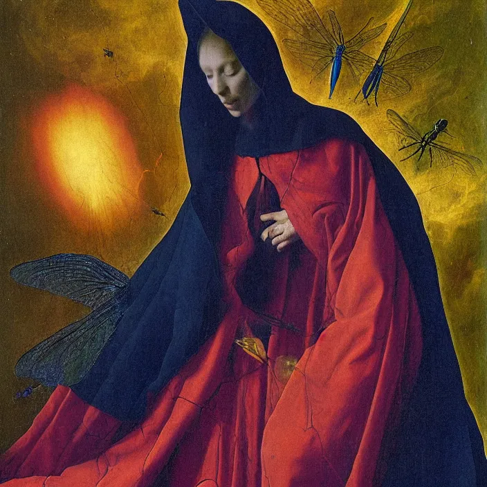 Image similar to a closeup portrait of a cloaked woman floating next to a dragonfly nebula, dragonfly nebula, by jan van eyck