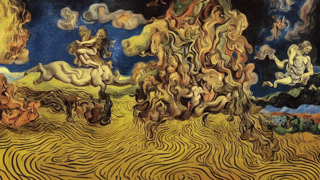 Image similar to psychoautistic scene of a divine moment, 4K, Rococo & Precisionism, colorized, by collaboration of Salvador Dali, Van Gogh and M. C. Escher