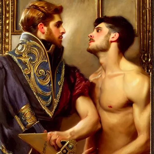 Image similar to attractive fully clothed king confesses his love for his attractive fully clothed male prince. highly detailed painting by gaston bussiere and j. c. leyendecker 8 k