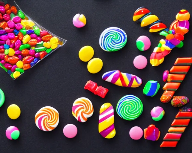 Prompt: table made of candy, studio light, dark background, 3 5 mm photography