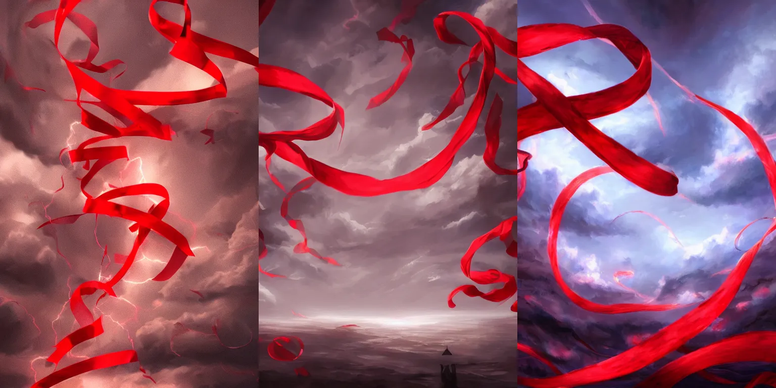 Prompt: Storm of magic scrolls and red ribbons. Clouds, lighting. Fantasy, digital painting, HD, 4k, detailed, vibrant.