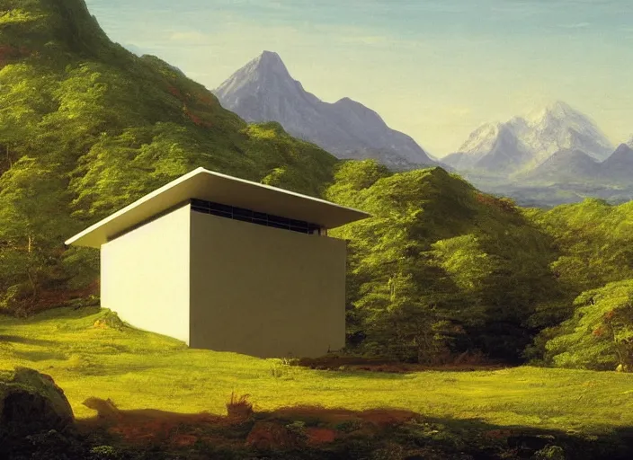 Prompt: painting of a tadao ando house in front of beautiful mountains by thomas cole