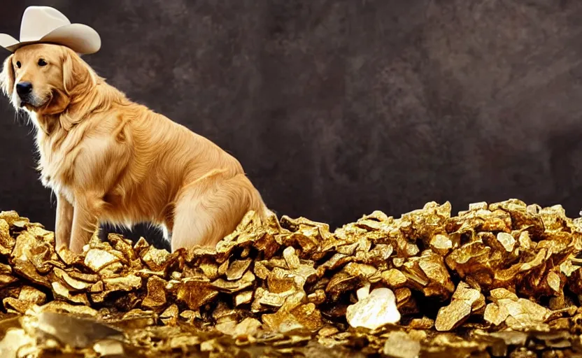 Prompt: photo of a golden retriever in a dark gold mine wearing a western hat and finding piles of gold nuggets