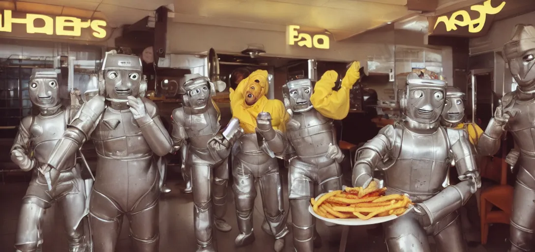 Prompt: cybermen and happy children eating fast food, inside a vintage fast food restaurant, kodak Ektachrome 10, 24mm wide angle close up