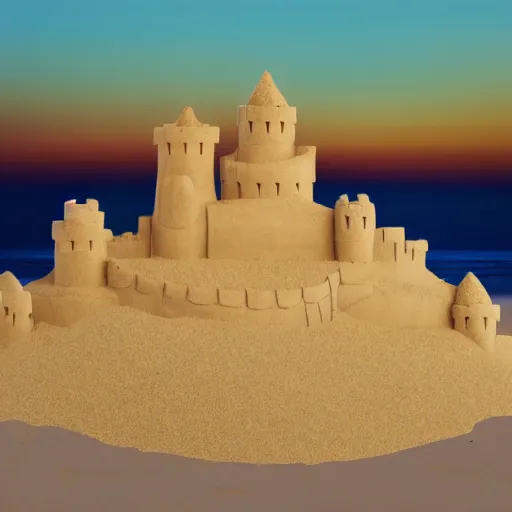 Image similar to enormous sand castle at sunset in the beach, photorealistic