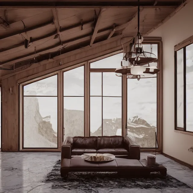 Prompt: post and beam a - frame interior, tall ceilings and loft, caramel leather couch, vintage fridge, large window in back with ocean scenery, marble countertops, spiral staircase, realistic, unreal engine render, octane render, hyper realistic, photo, 8 k