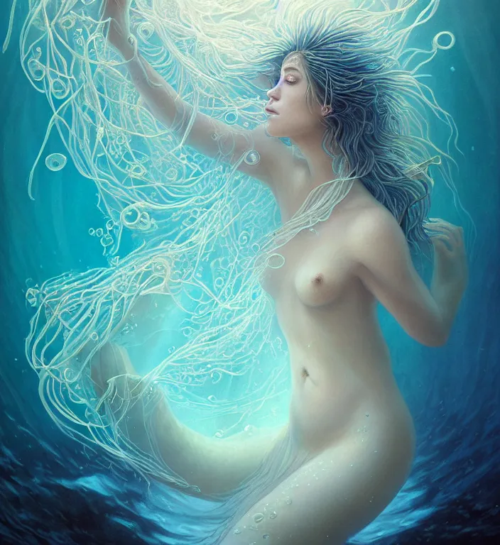 Image similar to underwater portrait of a goddess mermaid with (reaction diffusion) scaled fish skin Bioluminescent phoenix jellyfish, Her breath shot a haze of steam out into the frosty morning air concept, soft light, soft mood, realistic body features and face, illustration,intricate ornament halo, painting oil on canvas by Elena Zhurikhina and Goro Fujita and Charlie Bowater, octane render trending on artstation, 4k, 8k, HD