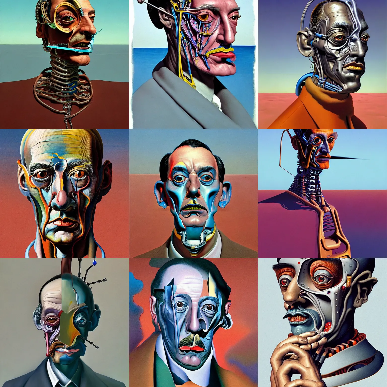 Image similar to Salvador dali portrait half face robot,highly detailed, very coherent, painted by Francis Bacon and Edward Hopper, Wayne Barlowe, painted by James Gilleard, surrealism, airbrush, art by JamesJean