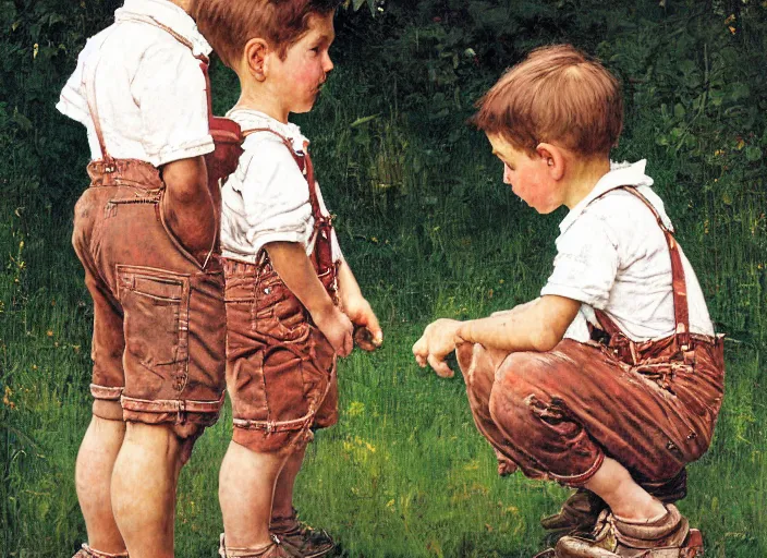 Prompt: high quality high detail painting by norman rockwell, hd, two young boys wearing overalls, farm, muted pastel colors, photorealistic lighting