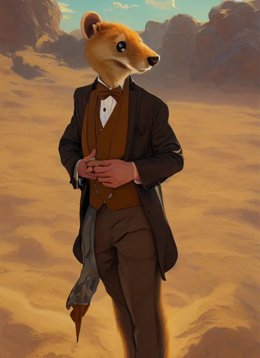 Image similar to Character portrait of a happy furry anthro weasel wearing a tan vest, bowtie, black slacks in the desert wilderness, intricate, elegant, highly detailed, digital painting, artstation, concept art, smooth, sharp focus, illustration, art by Krenz Cushart and Artem Demura and alphonse mucha