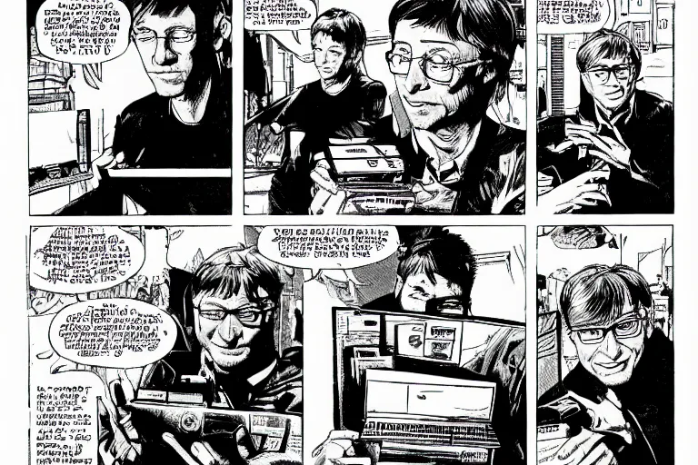 Image similar to bill gates, presenting the microsoft xbox at ces 2 0 0 1, a page from cyberpunk 2 0 2 0, style of paolo parente, style of mike jackson, adam smasher, johnny silverhand, 1 9 9 0 s comic book style, white background, ink drawing, black and white