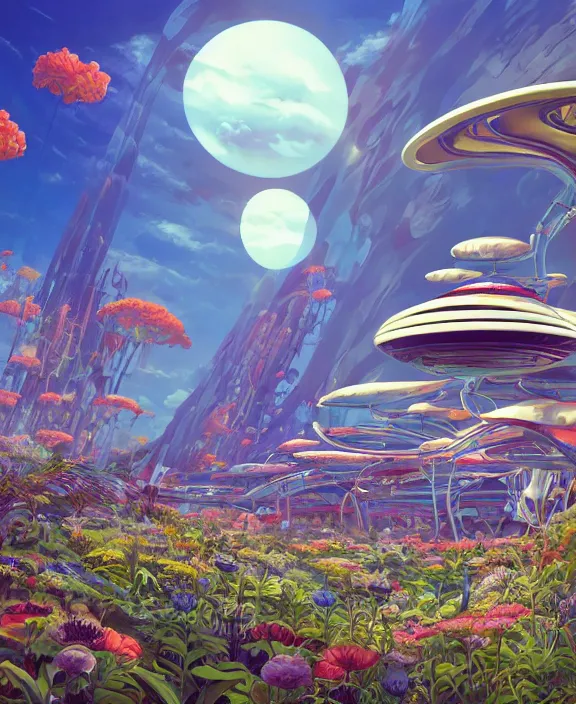 Image similar to simplicity, elegance, an amusement park made out of bizarre organic creatures, in the style of a streamlined asymmetrical spaceship, overgrown with flowers, partly cloudy, sun - drenched, by dan mumford, yusuke murata, makoto shinkai, ross tran, cinematic, unreal engine, cel shaded, featured on artstation, pixiv